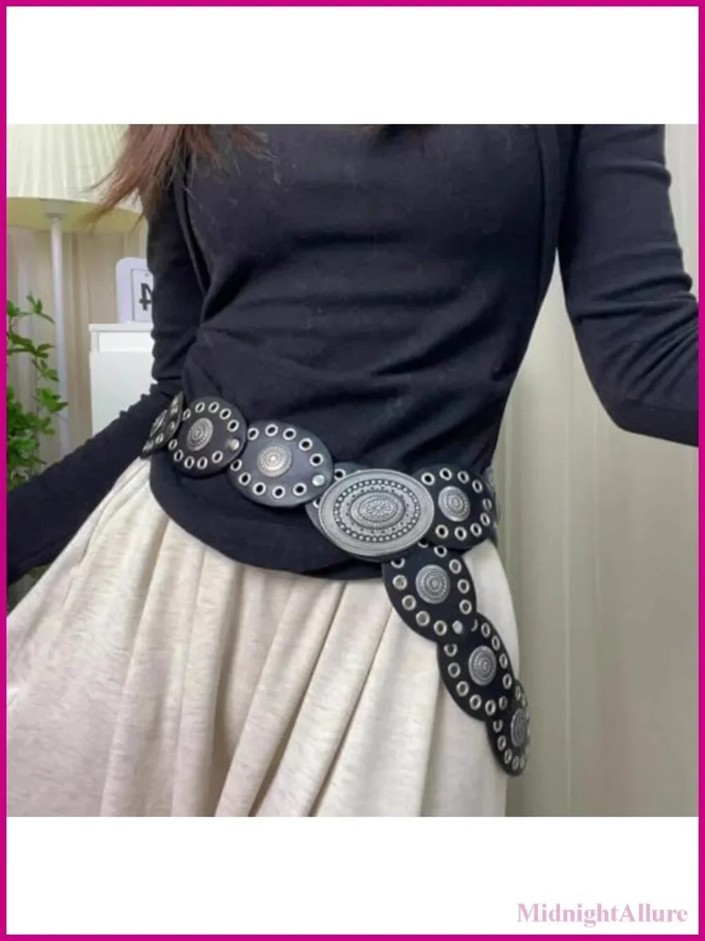 Wide Western Disc Belt PU Leather Concho Cowgirl Waist Belt Adjustable